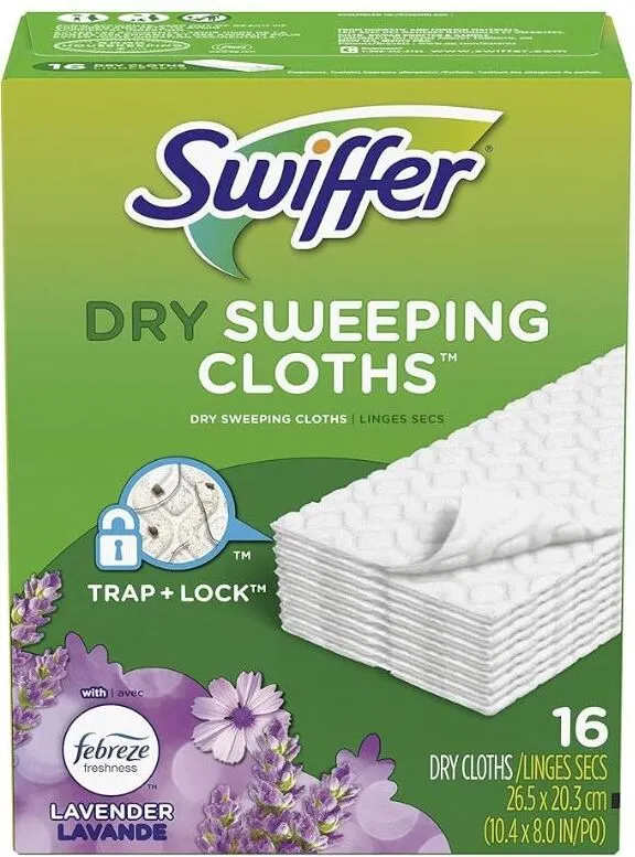 Swiffer Sweeper dry cloths with Febreze Lavender & Vanilla scent, designed to trap dirt, dust, hair, and allergens on various floor types.