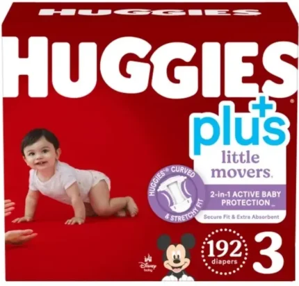 A pack of Huggies Little Movers Plus Diapers featuring Disney designs, known for their super absorbency and leak protection.