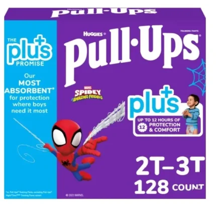 Huggies Pull-Ups Plus Training Pants in Spider-Man design for boys, showcasing their absorbent features and refastenable sides, ideal for potty training.