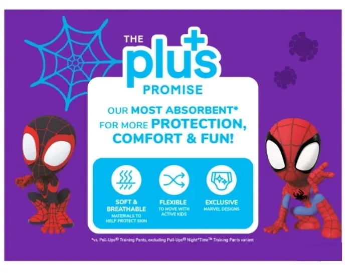 Huggies Pull-Ups Plus Training Pants in Spider-Man design for boys, showcasing their absorbent features and refastenable sides, ideal for potty training.